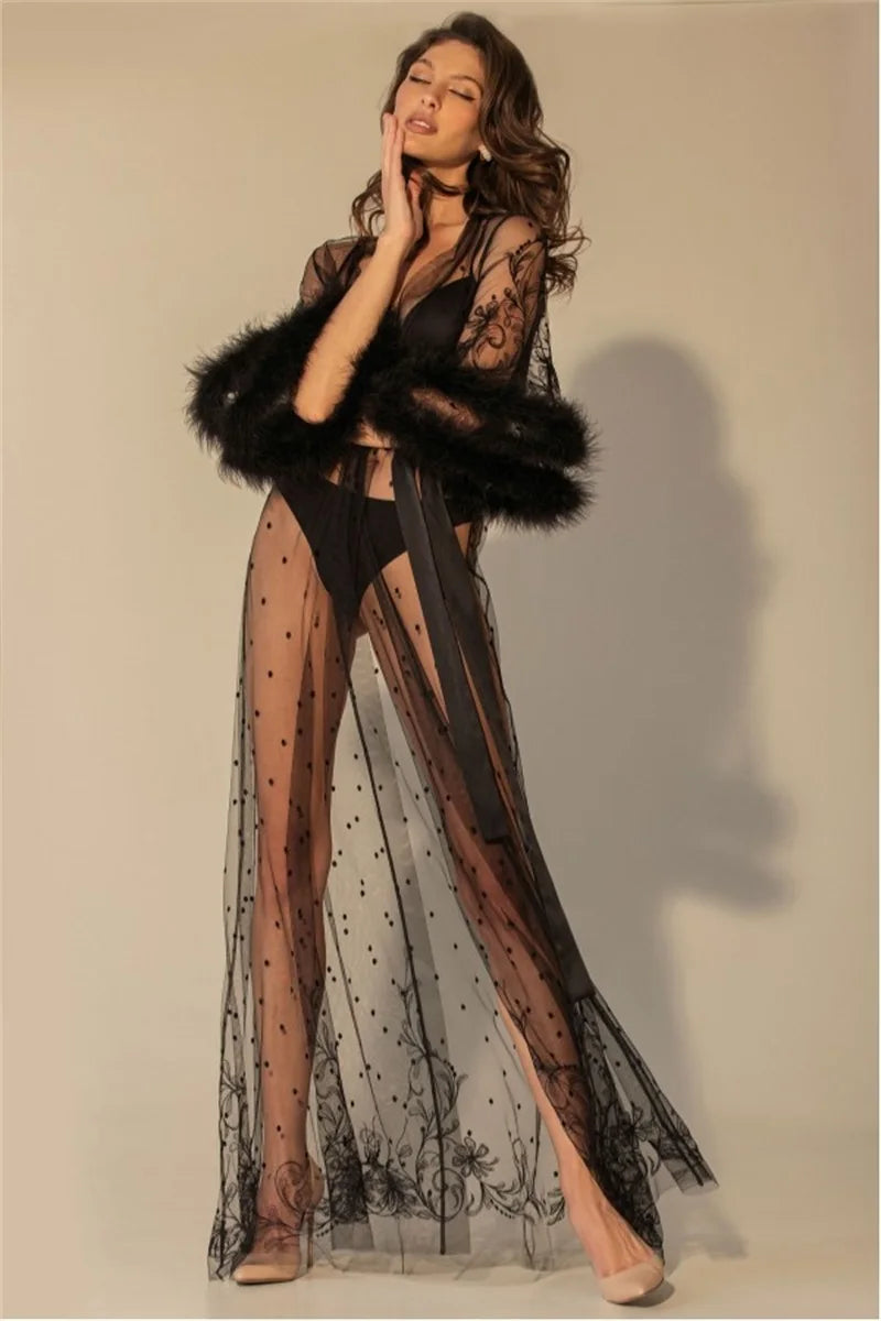 رداء نوم مثير من الريش مع دانتيل شفاف بأكمام طويلة مناسب للحفلات، فستان المشاهير مصنوع حسب الطلب