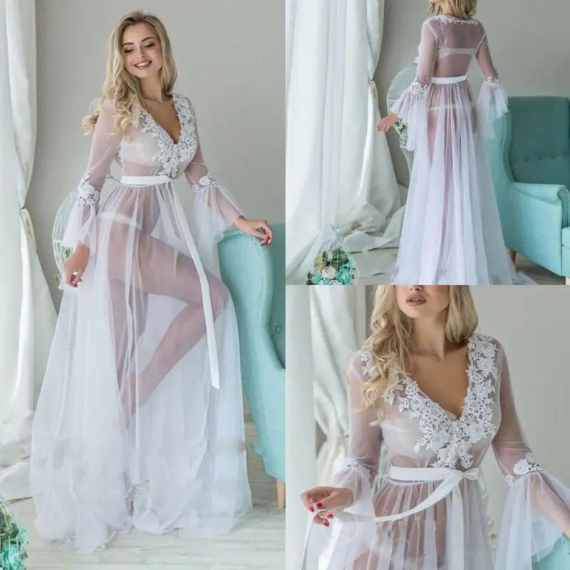 Fashion Sexy Women Solid Mesh Lace V neck Sleepwear Babydoll See Through Ladies Floral Nightwear Robes