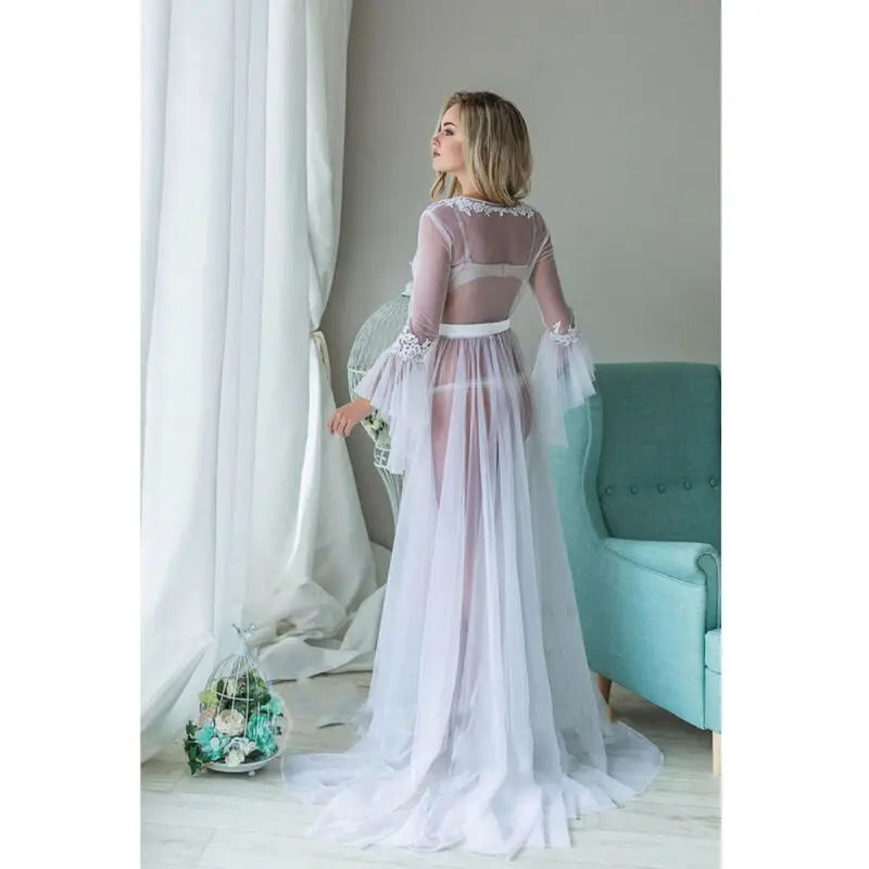 Fashion Sexy Women Solid Mesh Lace V neck Sleepwear Babydoll See Through Ladies Floral Nightwear Robes