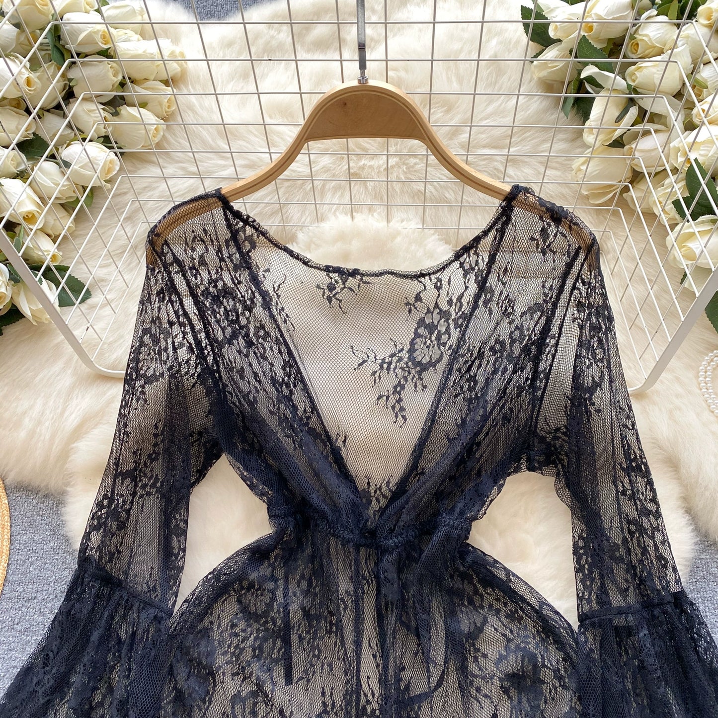 black lace mini robe