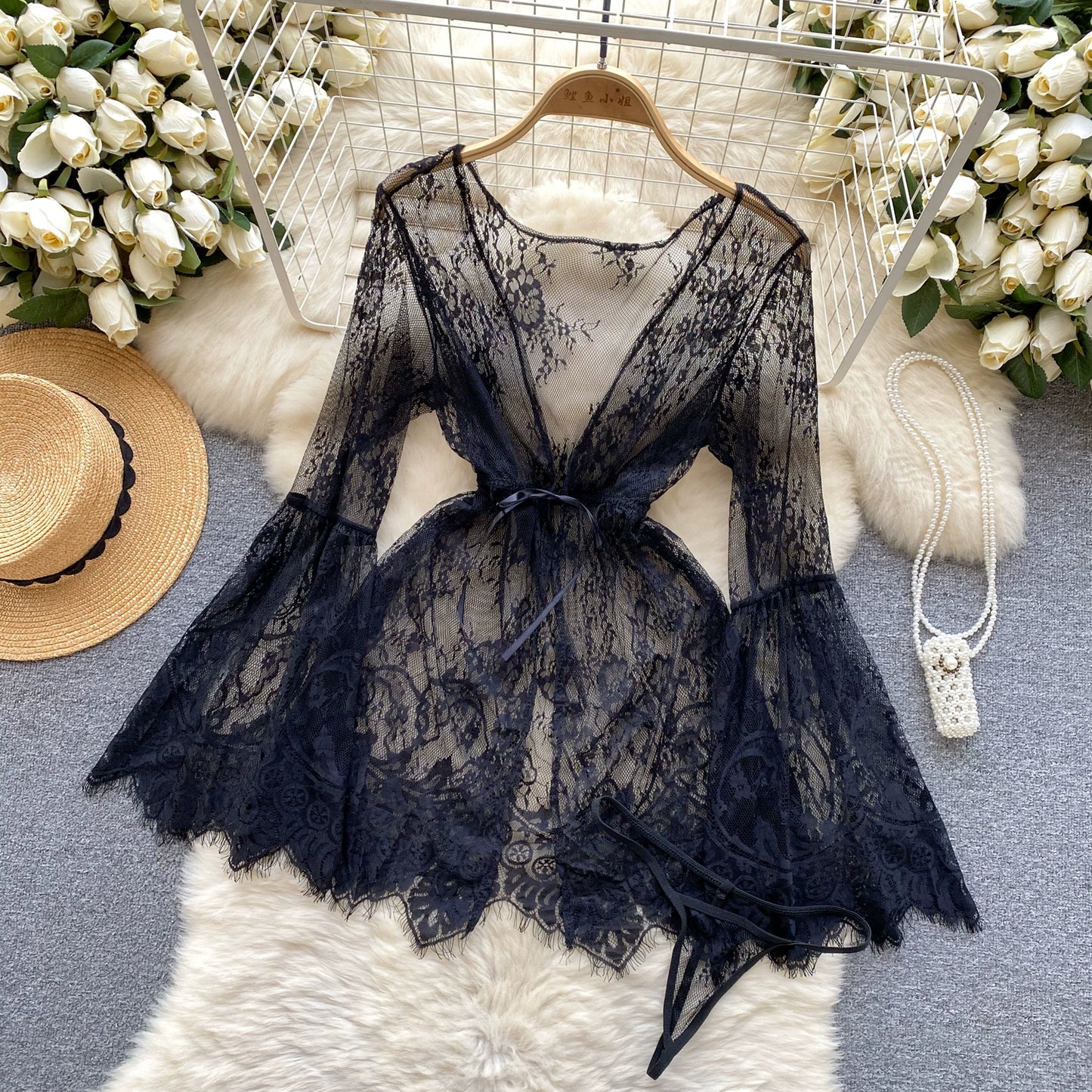 black lace mini robe