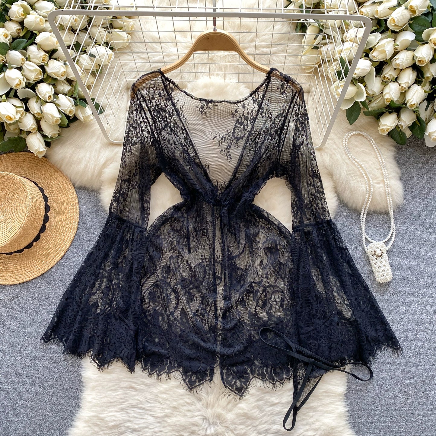 black lace mini robe