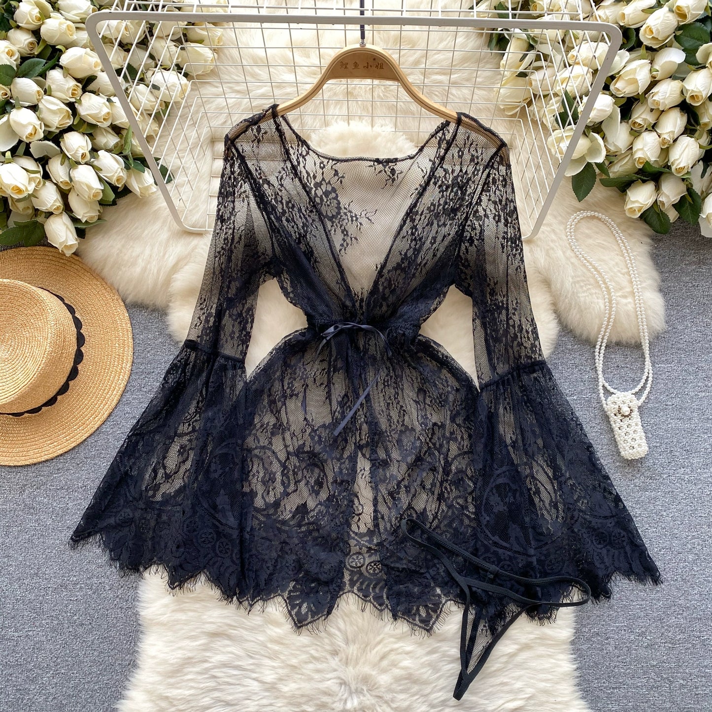 black lace mini robe