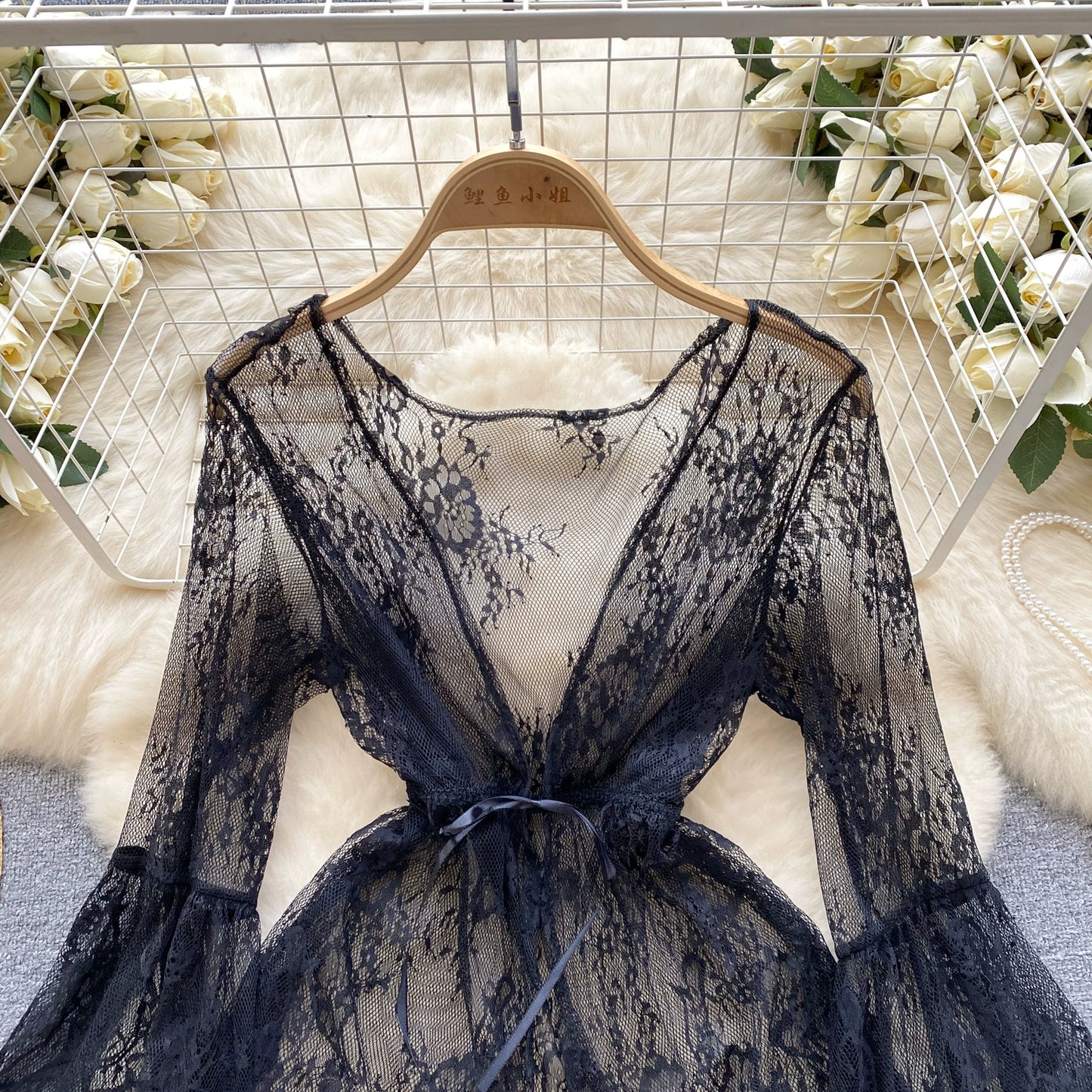 black lace mini robe