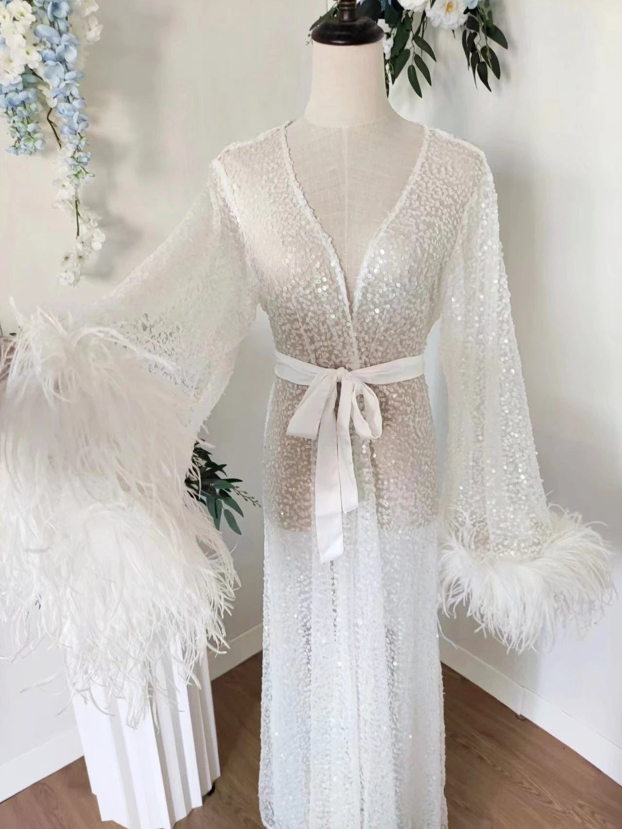 Luxury Rhinestone Feather Sequin Robe Floor Length White Bridal Robe with Max Feather Sleeve Beads Shawl Collar Bridal Wedding