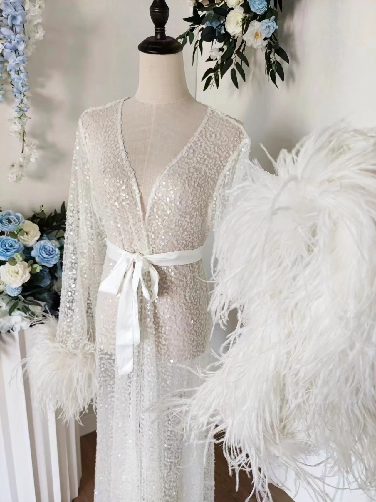 Luxury Rhinestone Feather Sequin Robe Floor Length White Bridal Robe with Max Feather Sleeve Beads Shawl Collar Bridal Wedding