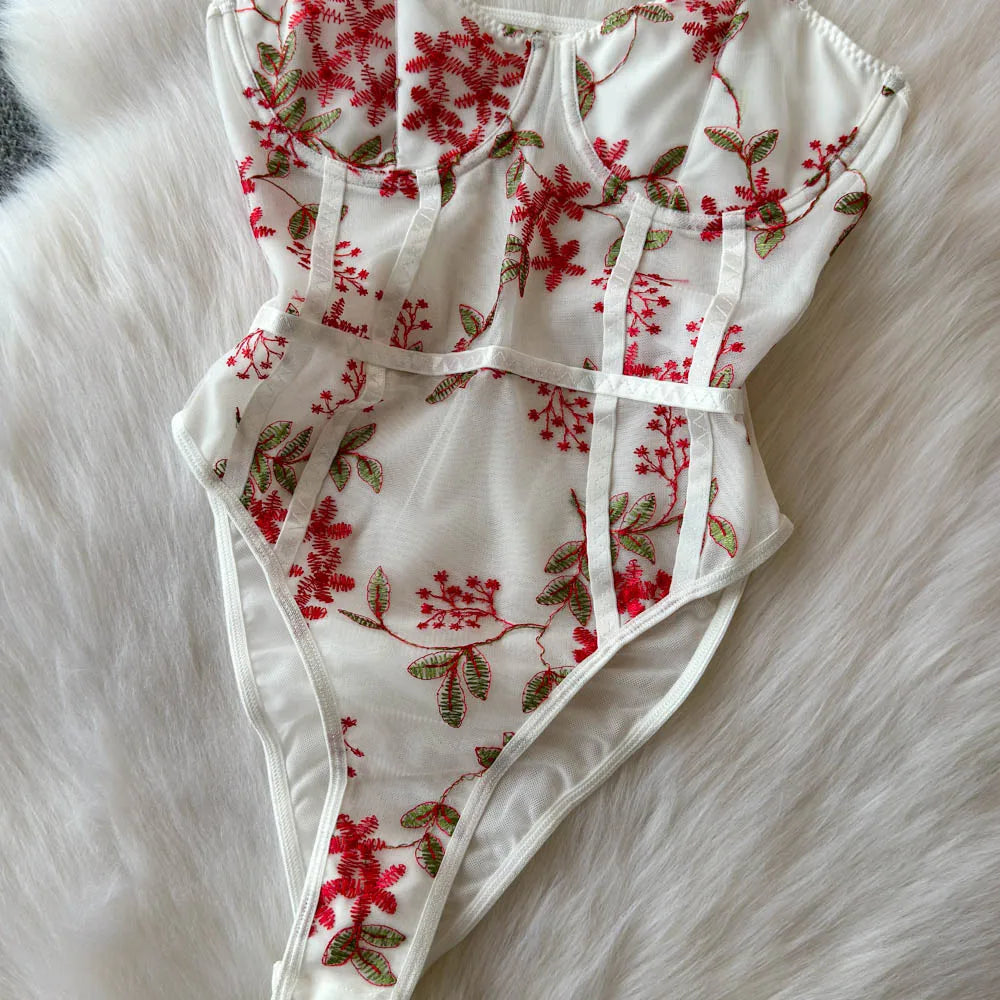 Women Hotsweet Vintage Mesh Embroidered Bodysuits Chic Lace Backless Jumpsuits Slim Straps Top Rompers Summer Sexy Clothing