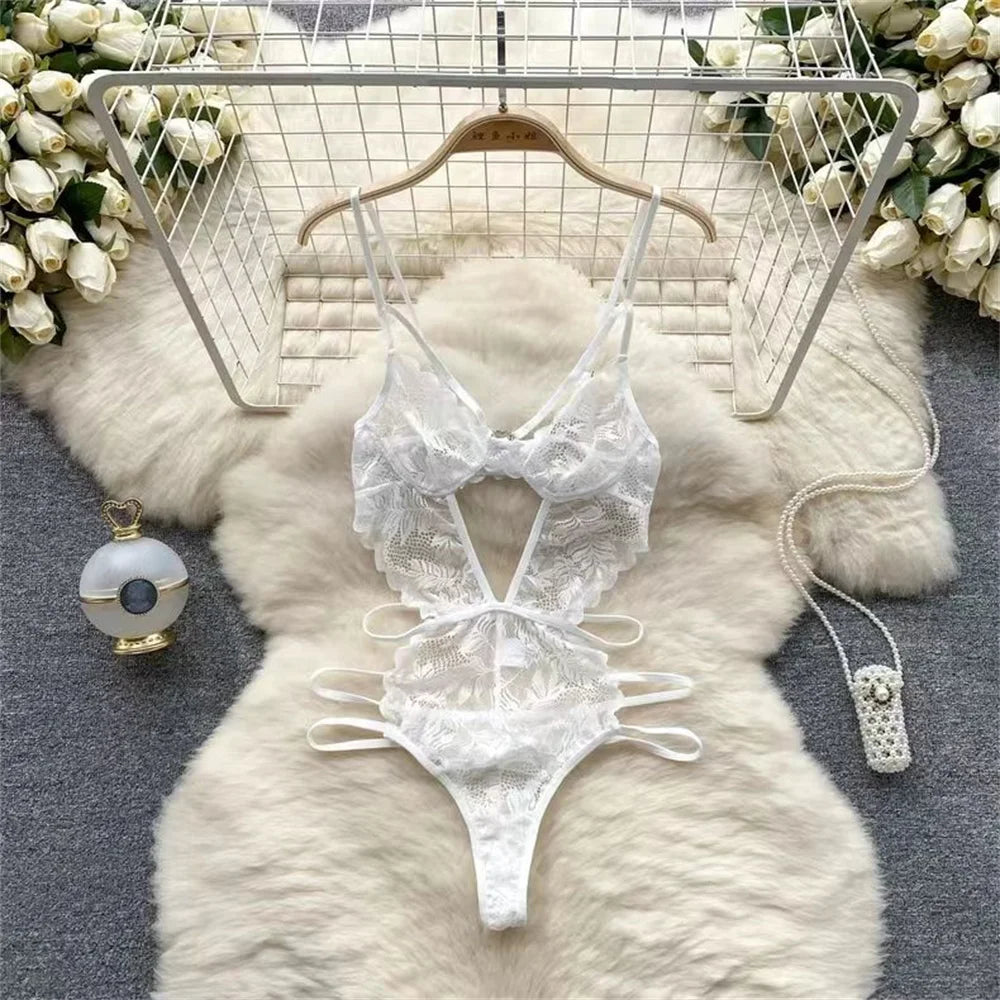 Lace Sexy Hollow Transparent Strappy Pajamas 2024 New Women's Jumpsuit Slim Fit Lingerie Hot Jumpsuit Backless Sensual Nightwear