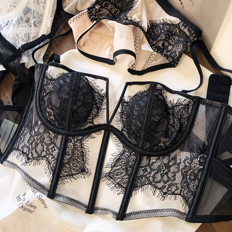 Fishbone Bra Inner Match Sexy Bra Shoulder Straps Pure Desire Lace Underwear Outerwear Women Vacation Seaside Corset Top 2023