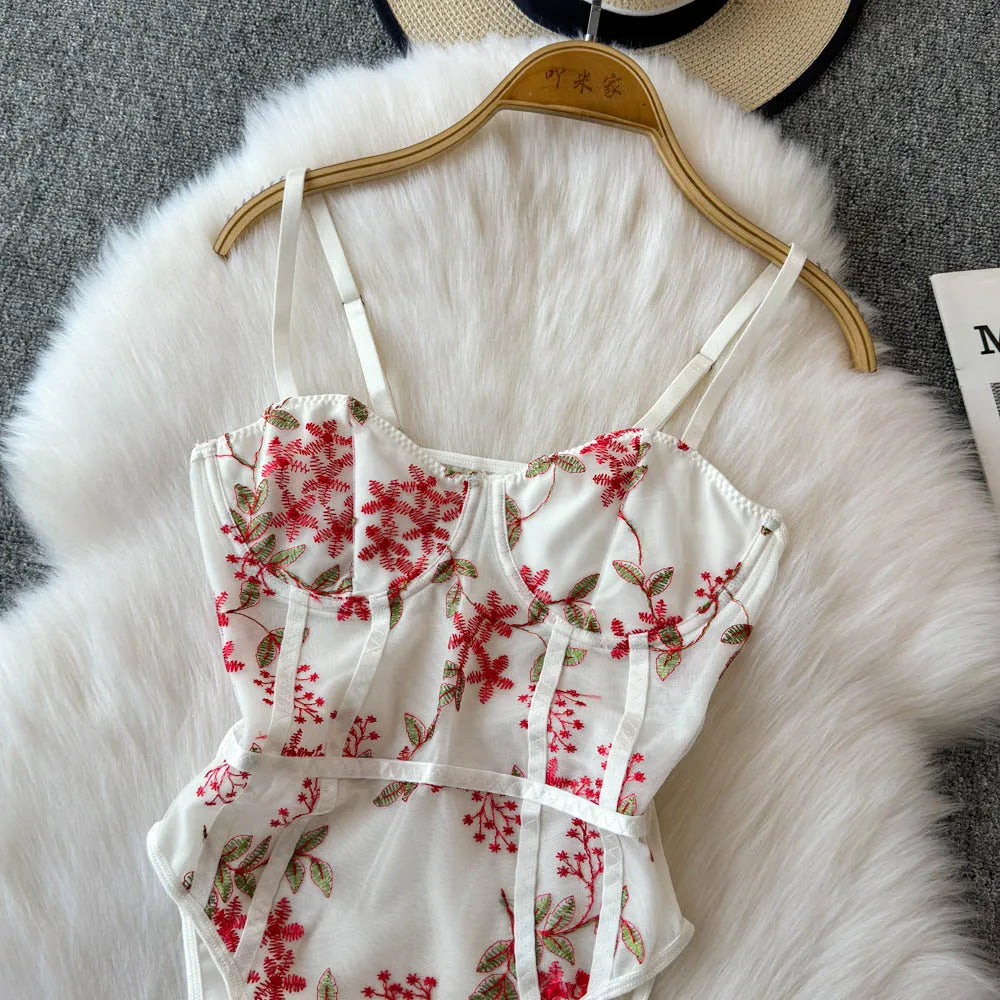Women Hotsweet Vintage Mesh Embroidered Bodysuits Chic Lace Backless Jumpsuits Slim Straps Top Rompers Summer Sexy Clothing
