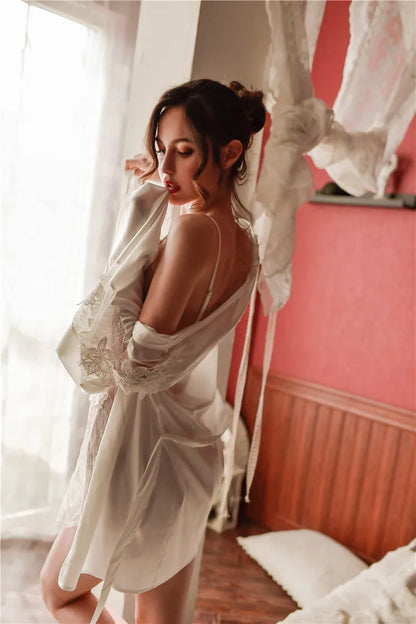 New Sexy Lace Long Sleeve Lace Pajamas Short robe Nightgown Sling Nightdress Set Home Service 2 Piece Set ML