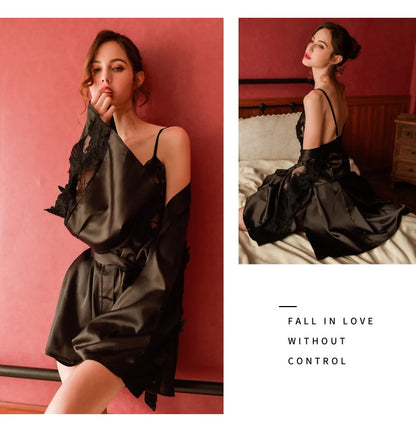 New Sexy Lace Long Sleeve Lace Pajamas Short robe Nightgown Sling Nightdress Set Home Service 2 Piece Set ML