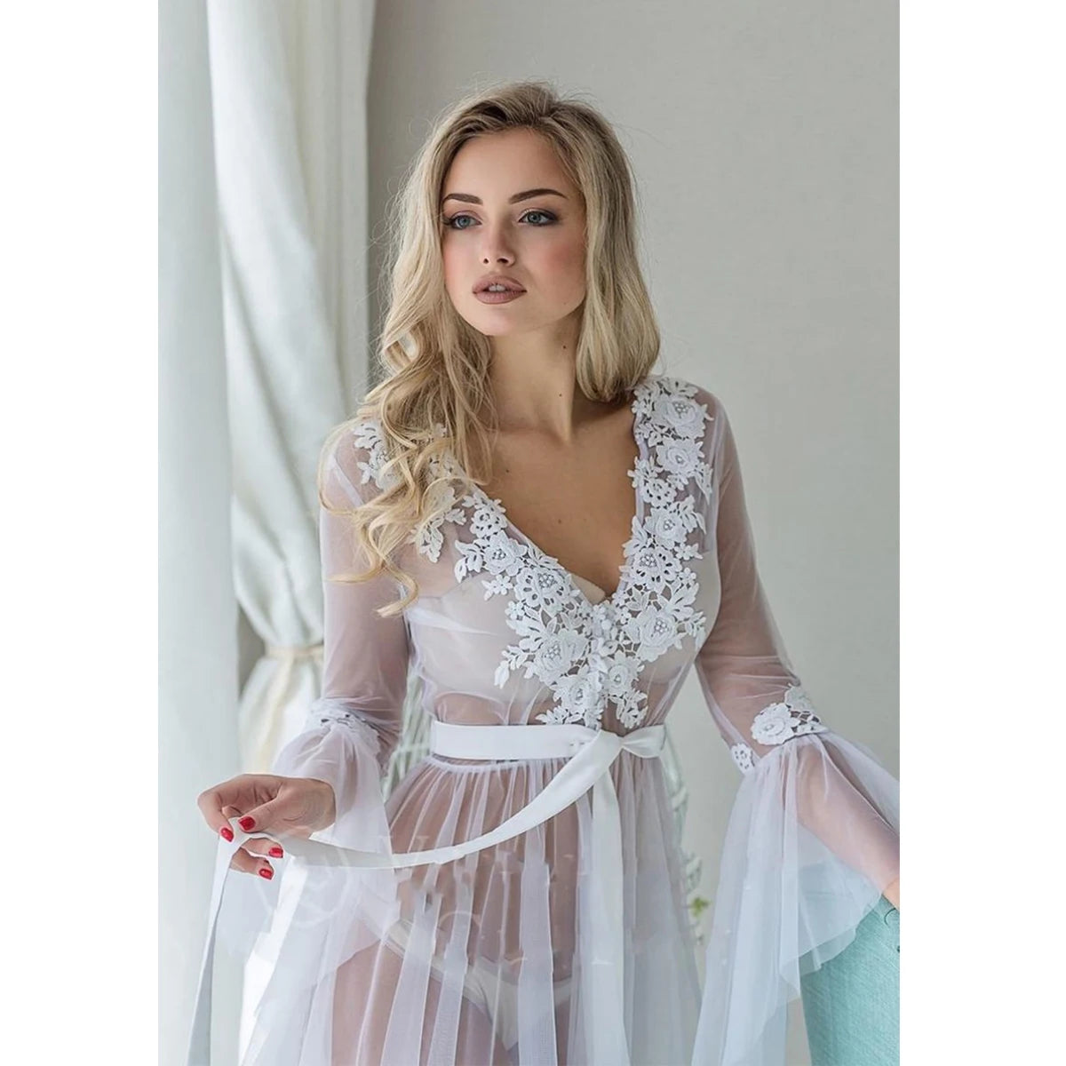 Fashion Sexy Women Solid  Mesh Lace V neck Sleepwear Babydoll See Through Ladies Floral Nightwear Robes