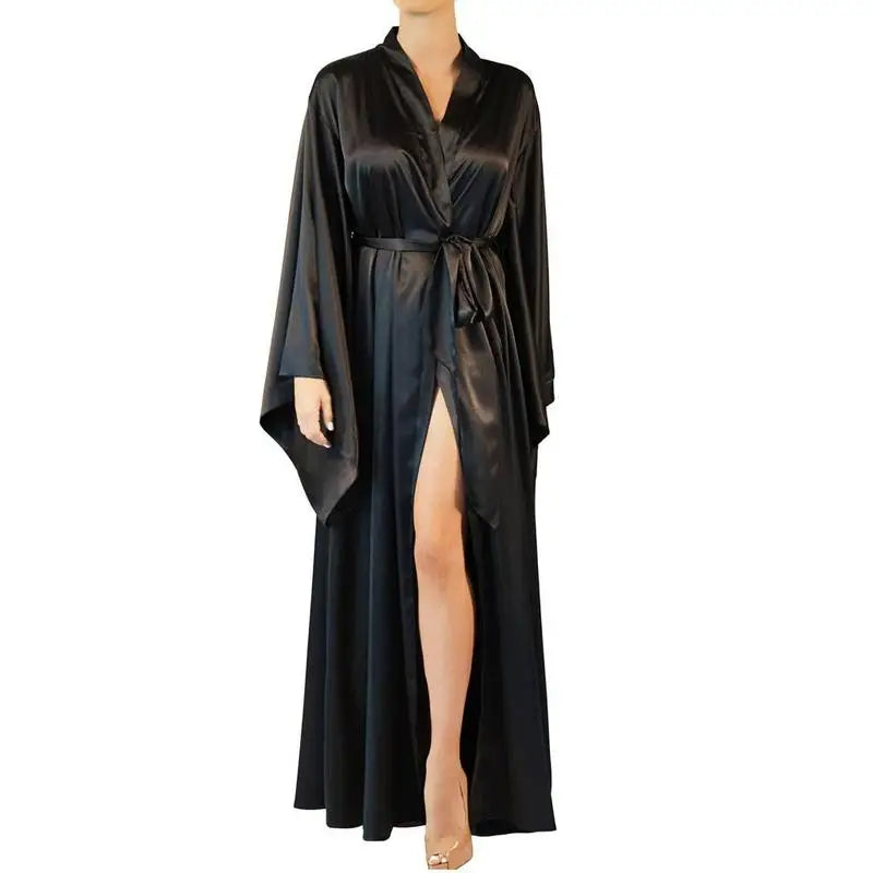 Fashion Sexy Pajama Dress Lingerie with Robe Long Sleeve Lace Nightgown with Belt Sleepwear Satin Women Bridesmaid Bathrobe