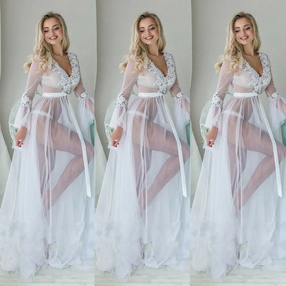 Fashion Sexy Women Solid  Mesh Lace V neck Sleepwear Babydoll See Through Ladies Floral Nightwear Robes