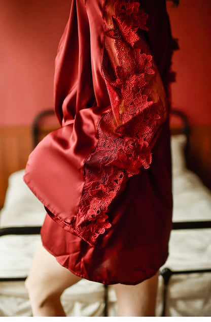New Sexy Lace Long Sleeve Lace Pajamas Short robe Nightgown Sling Nightdress Set Home Service 2 Piece Set ML