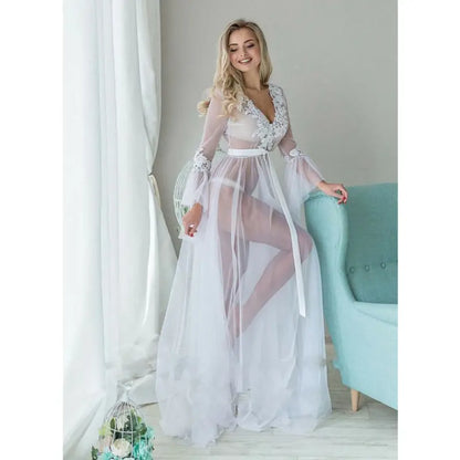 Fashion Sexy Women Solid  Mesh Lace V neck Sleepwear Babydoll See Through Ladies Floral Nightwear Robes