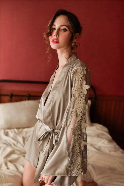 New Sexy Lace Long Sleeve Lace Pajamas Short robe Nightgown Sling Nightdress Set Home Service 2 Piece Set ML