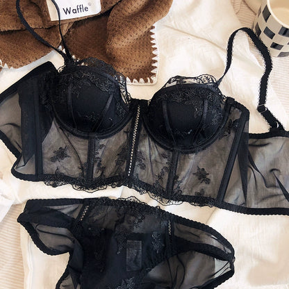 Retro Half Cup Lingerie Embroidered Lace Long Bra Panty Set Sexy Body Sculpting Push Up Top Vest Underwear
