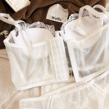 Retro Half Cup Lingerie Embroidered Lace Long Bra Panty Set Sexy Body Sculpting Push Up Top Vest Underwear
