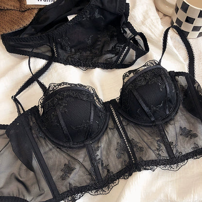 Retro Half Cup Lingerie Embroidered Lace Long Bra Panty Set Sexy Body Sculpting Push Up Top Vest Underwear