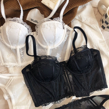Retro Half Cup Lingerie Embroidered Lace Long Bra Panty Set Sexy Body Sculpting Push Up Top Vest Underwear