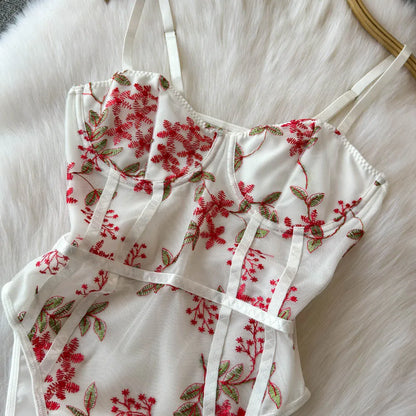 Women Hotsweet Vintage Mesh Embroidered Bodysuits Chic Lace Backless Jumpsuits Slim Straps Top Rompers Summer Sexy Clothing