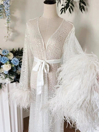 Luxury Rhinestone Feather Sequin Robe Floor Length White Bridal Robe with Max Feather Sleeve Beads Shawl Collar Bridal Wedding