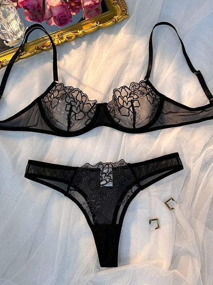 Lady Classical Black Underwear Set Transparent Sexy Bras For Women Fairy Lingerie Kit Ultra Thin Fancy Underwear