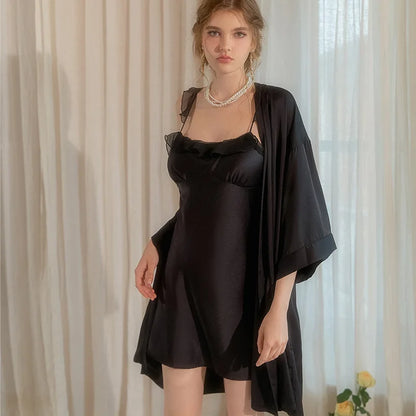 Women's Pajama Sets Satin Silk Robe Sets Nightgown Robes Kimono Sexy Lingerie V Neck Night Dress Sleepwear Woman Dressing Gown