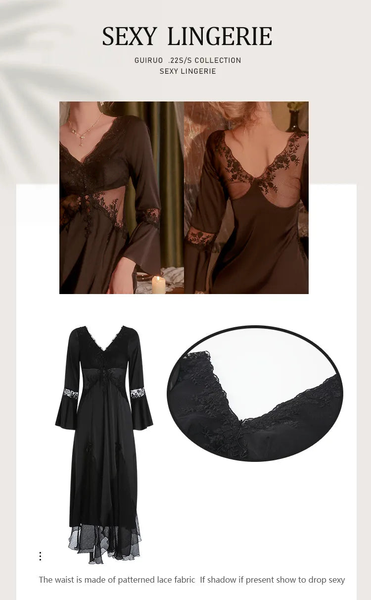 Sexy Mousse 2023 Ladies Sleepwear Sexy Long Nightdress Satin Deep V Mesh Embroidery Lace Nightwear Women Pajamas Home Suit Black