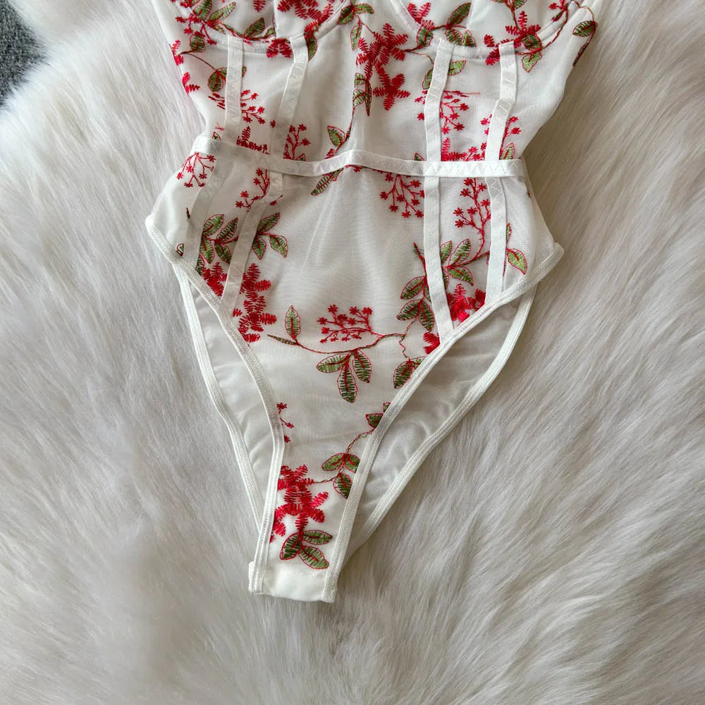 Women Hotsweet Vintage Mesh Embroidered Bodysuits Chic Lace Backless Jumpsuits Slim Straps Top Rompers Summer Sexy Clothing