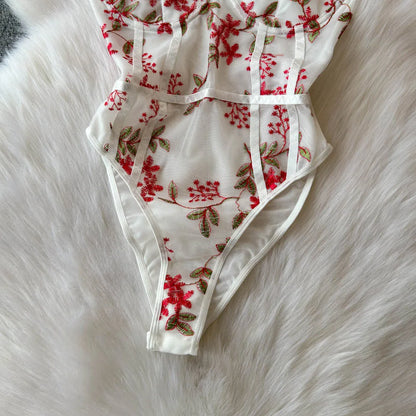 Women Hotsweet Vintage Mesh Embroidered Bodysuits Chic Lace Backless Jumpsuits Slim Straps Top Rompers Summer Sexy Clothing