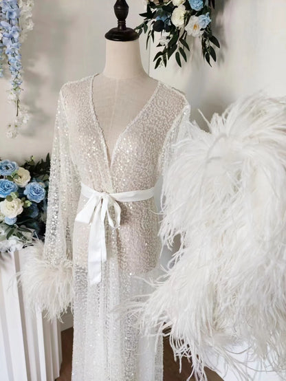 Luxury Rhinestone Feather Sequin Robe Floor Length White Bridal Robe with Max Feather Sleeve Beads Shawl Collar Bridal Wedding
