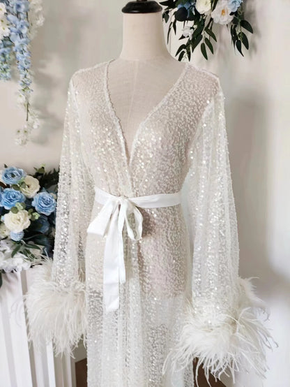 Luxury Rhinestone Feather Sequin Robe Floor Length White Bridal Robe with Max Feather Sleeve Beads Shawl Collar Bridal Wedding