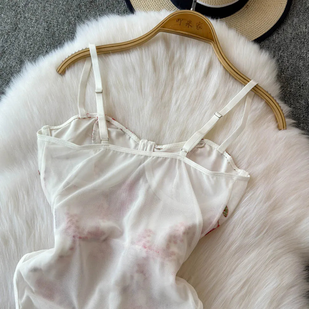 Women Hotsweet Vintage Mesh Embroidered Bodysuits Chic Lace Backless Jumpsuits Slim Straps Top Rompers Summer Sexy Clothing
