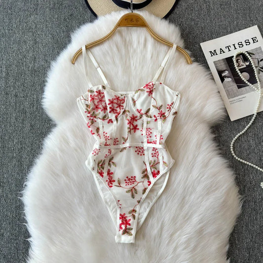 بدلة جسم نسائية مثيرة من Hotsweet Vintage Mesh مطرزة أنيقة من الدانتيل بدون ظهر وحمالة صدر رفيعة وبدلة قصيرة صيفية مثيرة