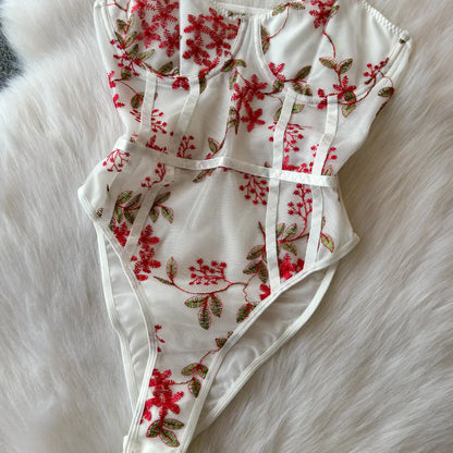 Women Hotsweet Vintage Mesh Embroidered Bodysuits Chic Lace Backless Jumpsuits Slim Straps Top Rompers Summer Sexy Clothing