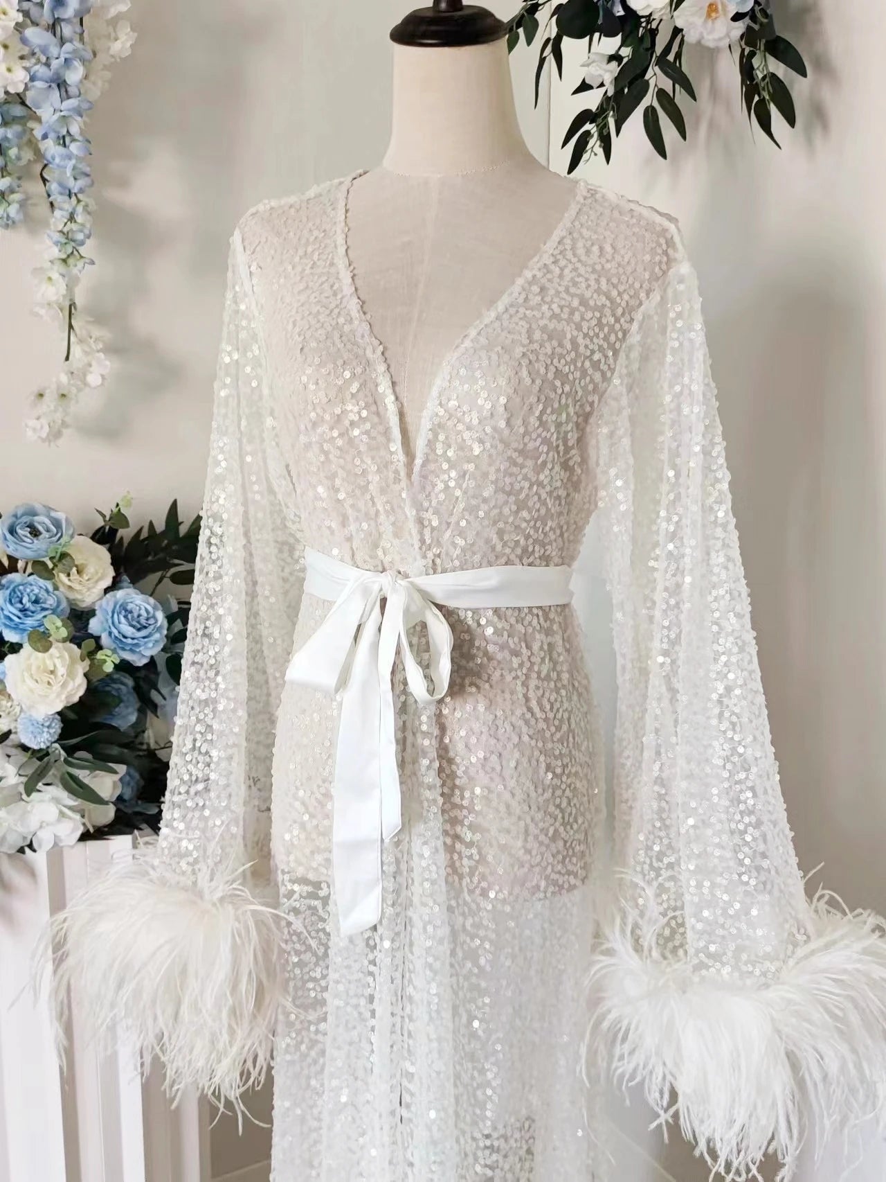 Luxury Rhinestone Feather Sequin Robe Floor Length White Bridal Robe with Max Feather Sleeve Beads Shawl Collar Bridal Wedding