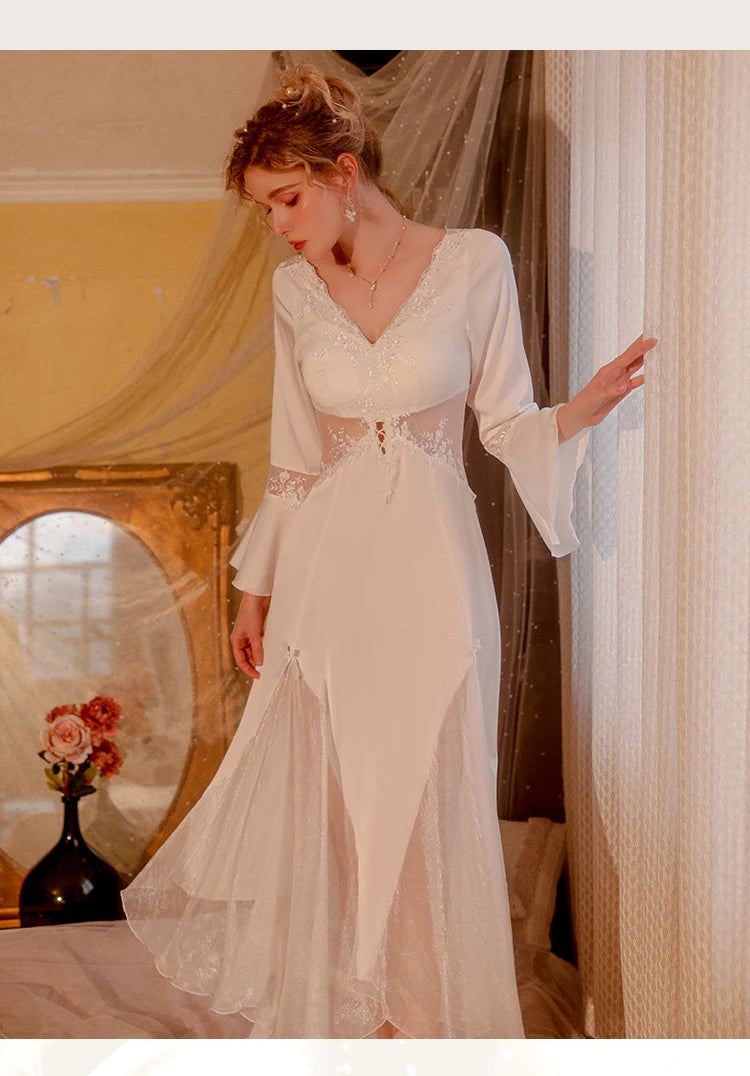 Sexy Mousse 2023 Ladies Sleepwear Sexy Long Nightdress Satin Deep V Mesh Embroidery Lace Nightwear Women Pajamas Home Suit Black