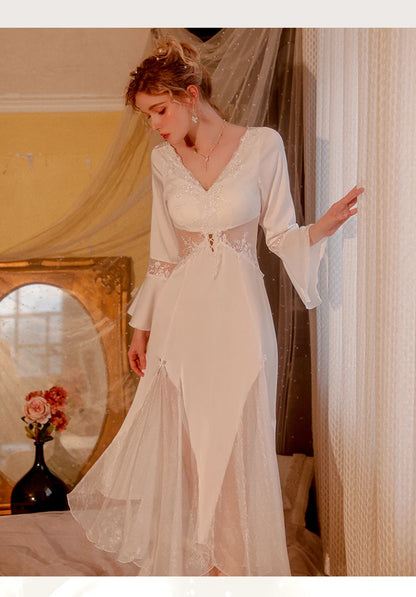 Sexy Mousse 2023 Ladies Sleepwear Sexy Long Nightdress Satin Deep V Mesh Embroidery Lace Nightwear Women Pajamas Home Suit Black