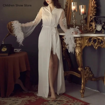 فساتين زفاف نسائية من الساتان بأكمام ريشية كبيرة من شبكة كيمونو طويل من Vestidos De Novia ملابس نوم فاخرة