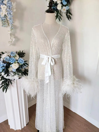 Luxury Rhinestone Feather Sequin Robe Floor Length White Bridal Robe with Max Feather Sleeve Beads Shawl Collar Bridal Wedding