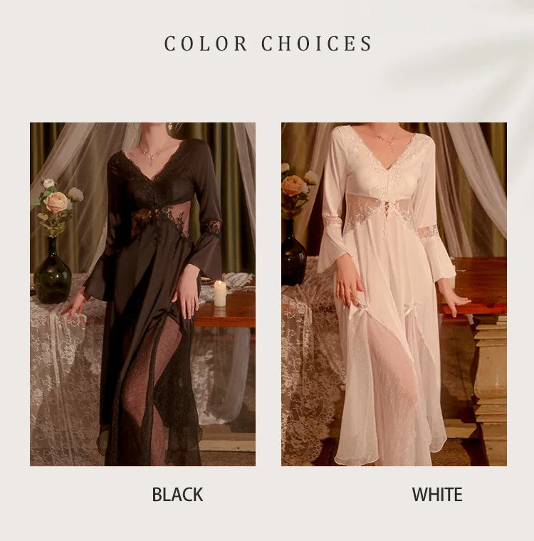 Sexy Mousse 2023 Ladies Sleepwear Sexy Long Nightdress Satin Deep V Mesh Embroidery Lace Nightwear Women Pajamas Home Suit Black