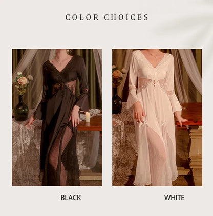 Sexy Mousse 2023 Ladies Sleepwear Sexy Long Nightdress Satin Deep V Mesh Embroidery Lace Nightwear Women Pajamas Home Suit Black