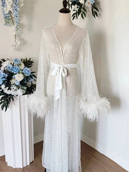 Luxury Rhinestone Feather Sequin Robe Floor Length White Bridal Robe with Max Feather Sleeve Beads Shawl Collar Bridal Wedding