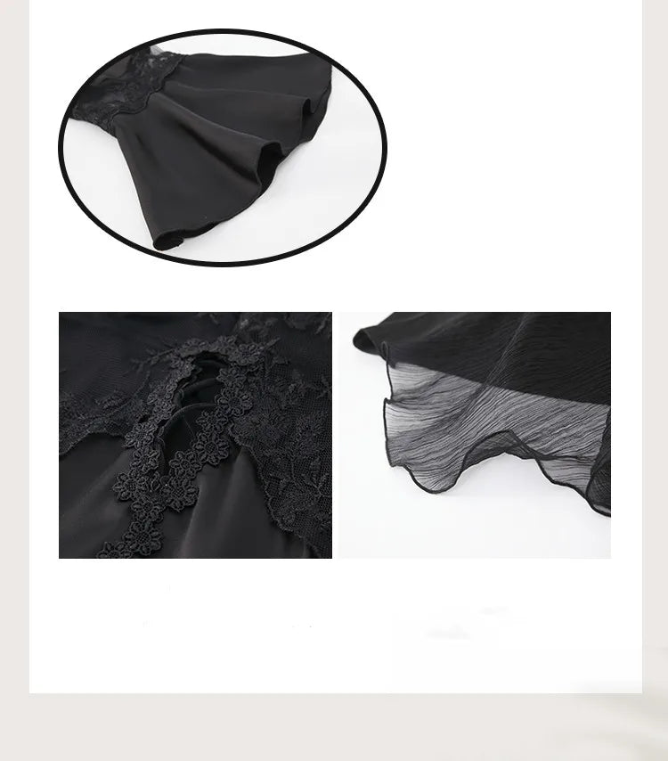 Sexy Mousse 2023 Ladies Sleepwear Sexy Long Nightdress Satin Deep V Mesh Embroidery Lace Nightwear Women Pajamas Home Suit Black