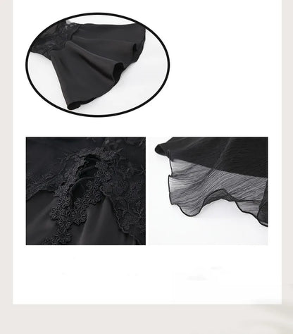 Sexy Mousse 2023 Ladies Sleepwear Sexy Long Nightdress Satin Deep V Mesh Embroidery Lace Nightwear Women Pajamas Home Suit Black