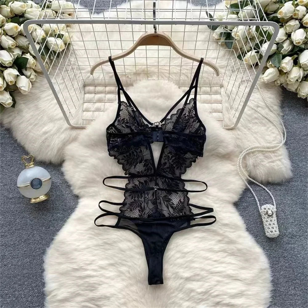 Lace Sexy Hollow Transparent Strappy Pajamas 2024 New Women's Jumpsuit Slim Fit Lingerie Hot Jumpsuit Backless Sensual Nightwear