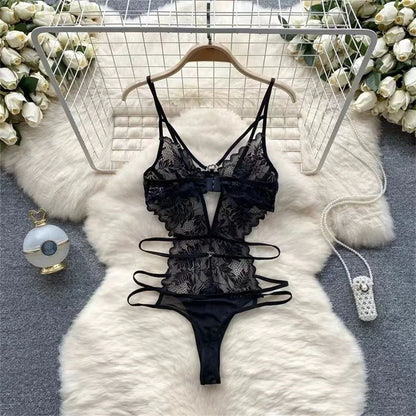 Lace Sexy Hollow Transparent Strappy Pajamas 2024 New Women's Jumpsuit Slim Fit Lingerie Hot Jumpsuit Backless Sensual Nightwear